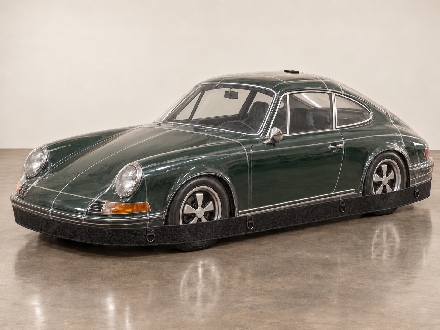 Concept rendering of a green classic Porsche under a fitted transparent cover with a black lower hem. Not a tested prototype.